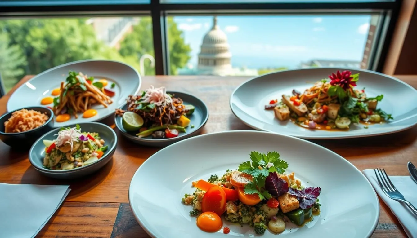 Colorful vegan dishes from a popular Washington DC restaurant with the Capitol building visible through a window