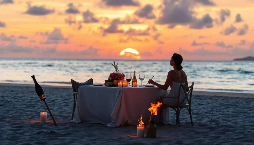 Couple enjoying private dinner on a Fiji beach at sunset with candles