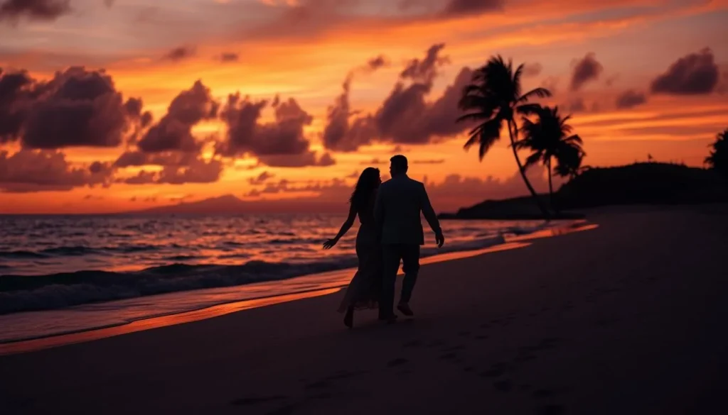 Couple walking along Carlisle Bay beach at sunset with silhouettes against orange sky Couple walking along Carlisle Bay beach at sunset with silhouettes against orange sky