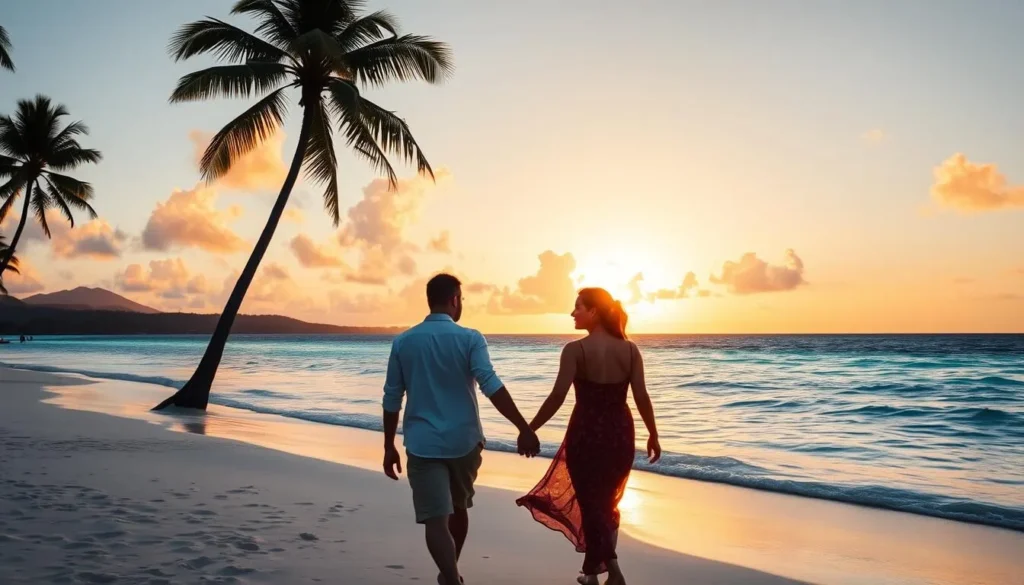 Couple walking on a beautiful beach in Mauritius during sunset with palm trees in the background