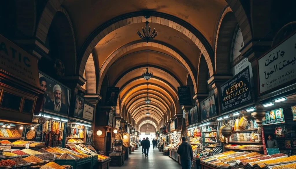 Covered market in Aleppo with traditional goods and architecture Covered market in Aleppo with traditional goods and architecture