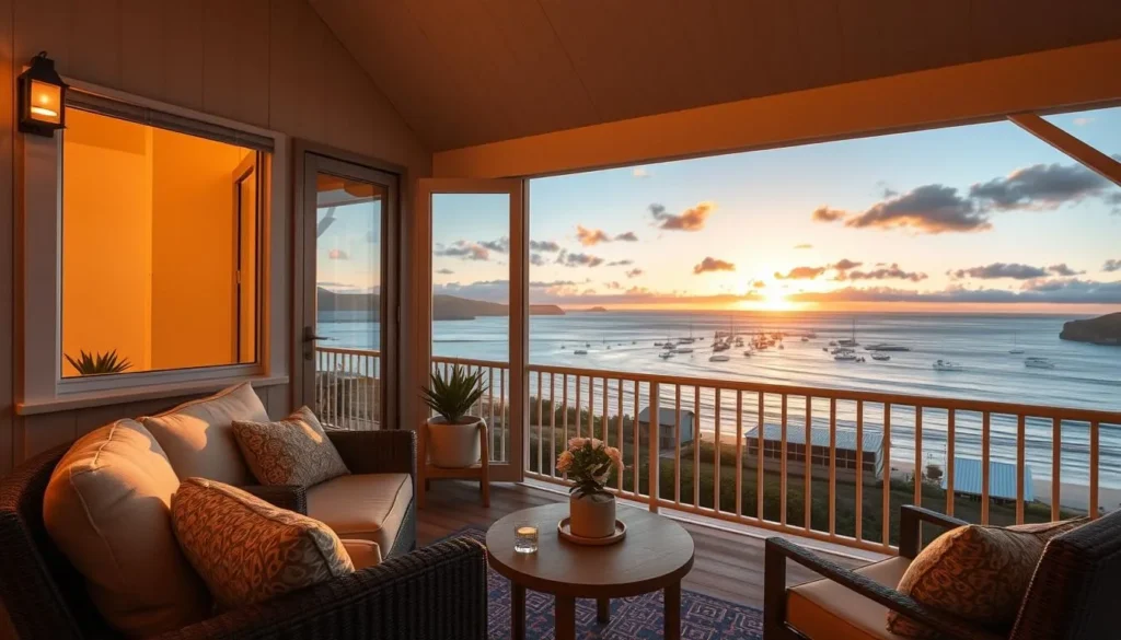 Cozy accommodation overlooking Port Campbell Bay at sunset