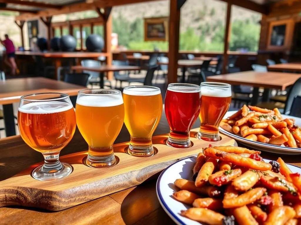 Craft beer flight and food at Manitou Brewing Company with outdoor patio