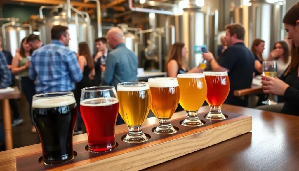 Craft beer tasting flight at a Newcastle brewery with patrons enjoying drinks