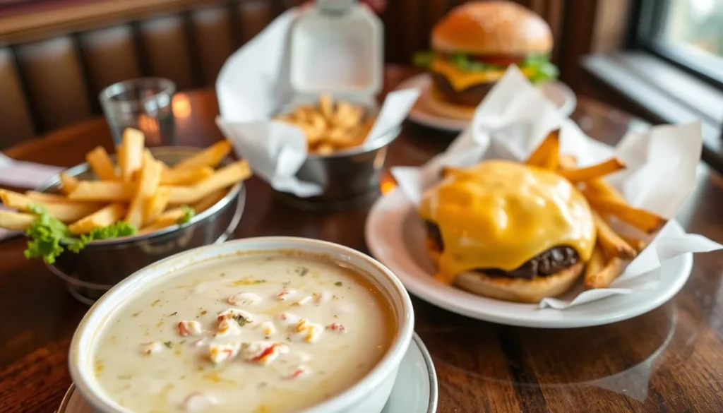 Creamy crab bisque and cheeseburger at Paradise Pub in Millsboro