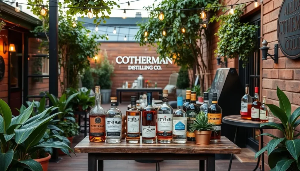 Create an image of Cotherman Distilling Co.'s inviting patio with a selection of their craft spirits on display.
