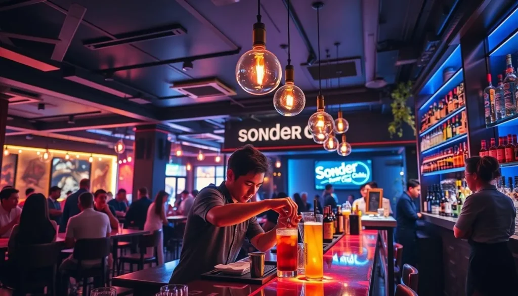 Create an image of Sonder Social Club's interior with a bartender mixing a cocktail.