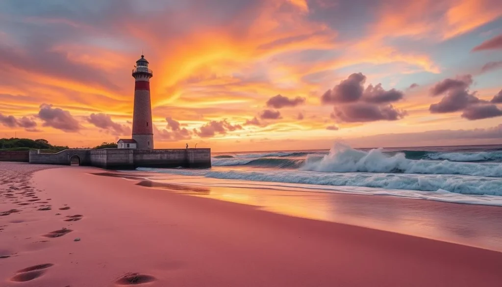 Create an image of a beach with a historic lighthouse in the background, pink sand, and a dramatic seascape.