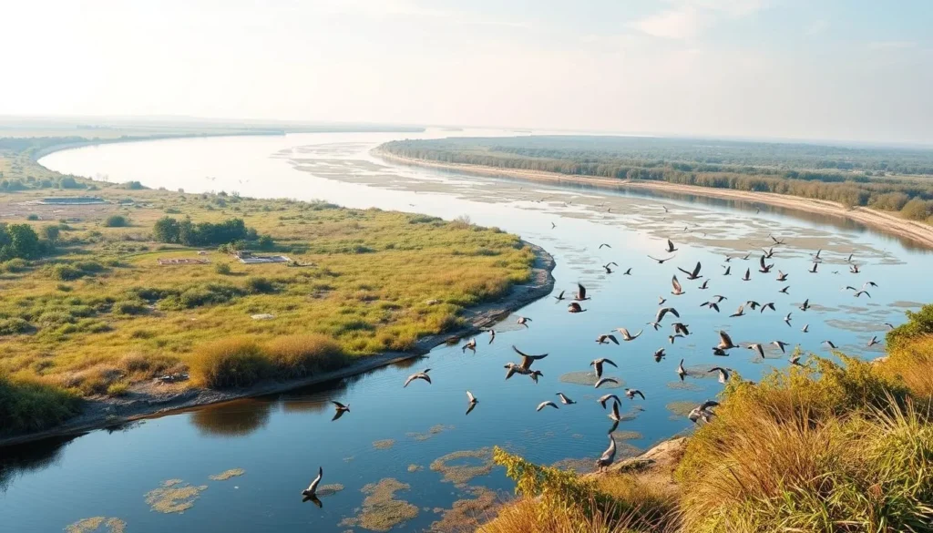 Create an image of the Yellow River Estuary Wetland Park, showcasing its rich biodiversity and the Yellow River flowing into the Bohai Sea.