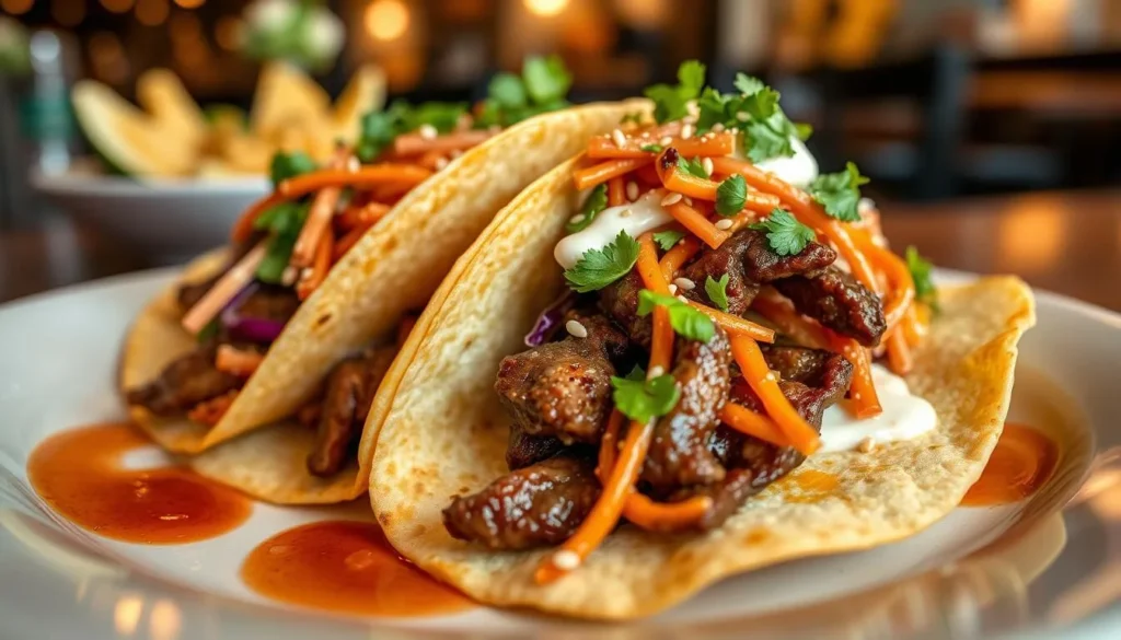 Creative Korean-Mexican fusion dish featuring bulgogi tacos with kimchi slaw