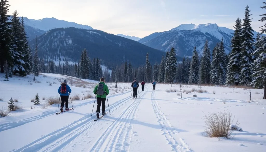 Cross-country skiers on groomed trails in the Methow Valley with snow-covered mountains and pine trees in winter