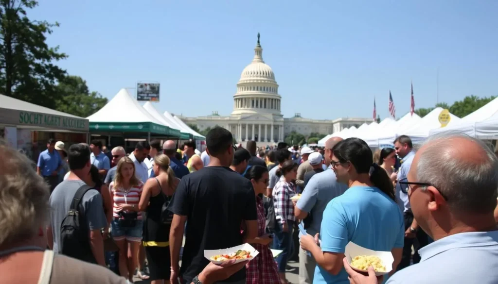 Crowds enjoying food at the Taste of DC festival with the Capitol building visible in the background