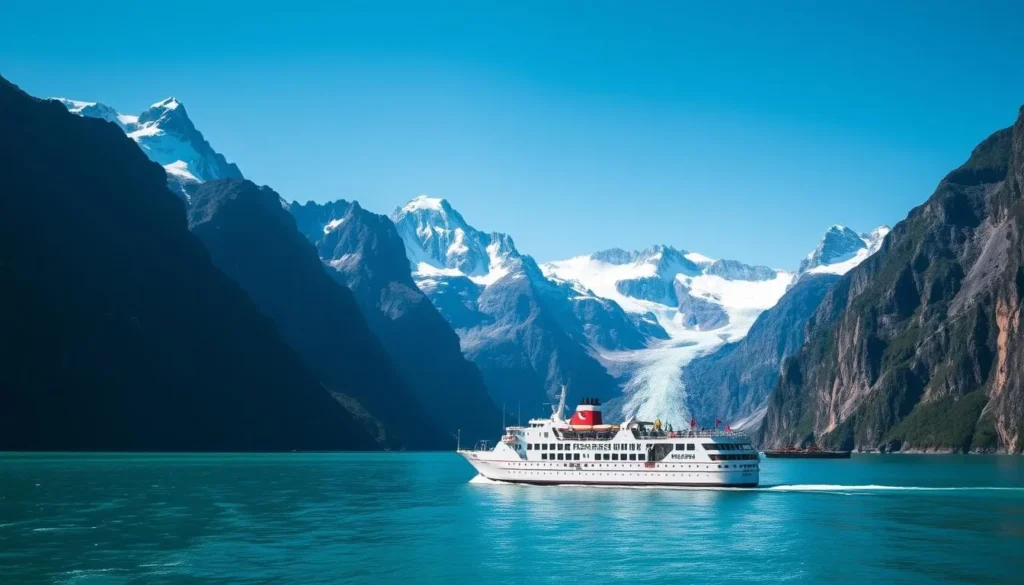 Cruise ship navigating through the dramatic Chilean fjords with glaciers visible, one of the best things to do in Chile Cruise ship navigating through the dramatic Chilean fjords with glaciers visible, one of the best things to do in Chile