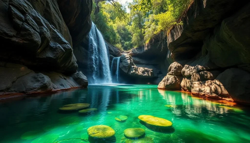 Crystal clear plunge pool at Maguk (Barramundi Gorge) with waterfall cascading between towering cliff walls Crystal clear plunge pool at Maguk (Barramundi Gorge) with waterfall cascading between towering cliff walls