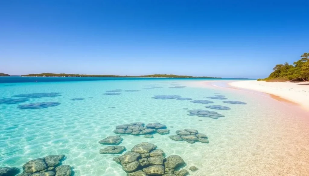 Crystal clear turquoise waters of Emily Bay Lagoon on Norfolk Island with a sandy beach, coral reef visible underwater, and Norfolk pines along the shoreline Crystal clear turquoise waters of Emily Bay Lagoon on Norfolk Island with a sandy beach, coral reef visible underwater, and Norfolk pines along the shoreline