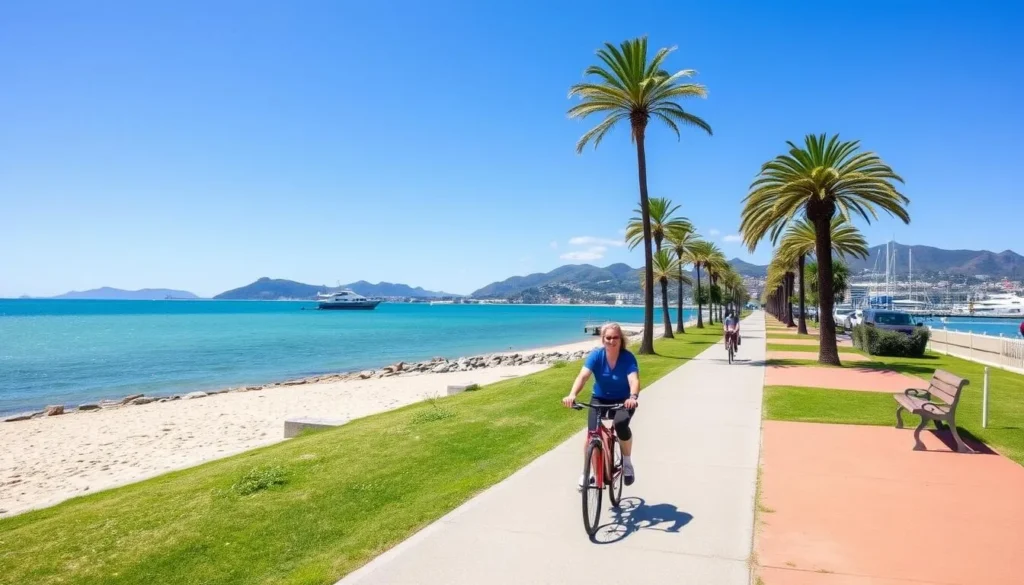 Cycling path along Nelson Bay foreshore with views of the harbor and mountains Cycling path along Nelson Bay foreshore with views of the harbor and mountains
