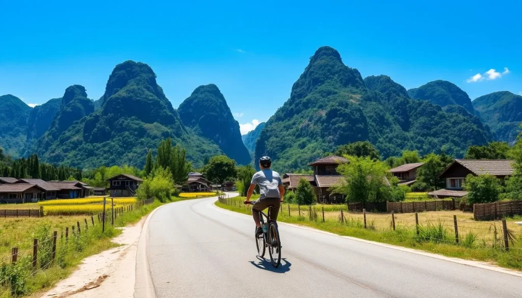 Cyclist riding through the picturesque countryside of Yangshuo, with traditional villages and majestic karst peaks.
