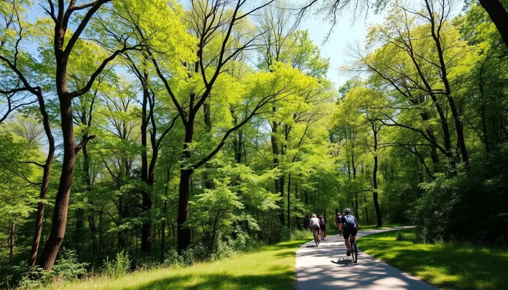 Cyclists and hikers enjoying the shaded trails of Rock Creek Park in Washington DC Cyclists and hikers enjoying the shaded trails of Rock Creek Park in Washington DC