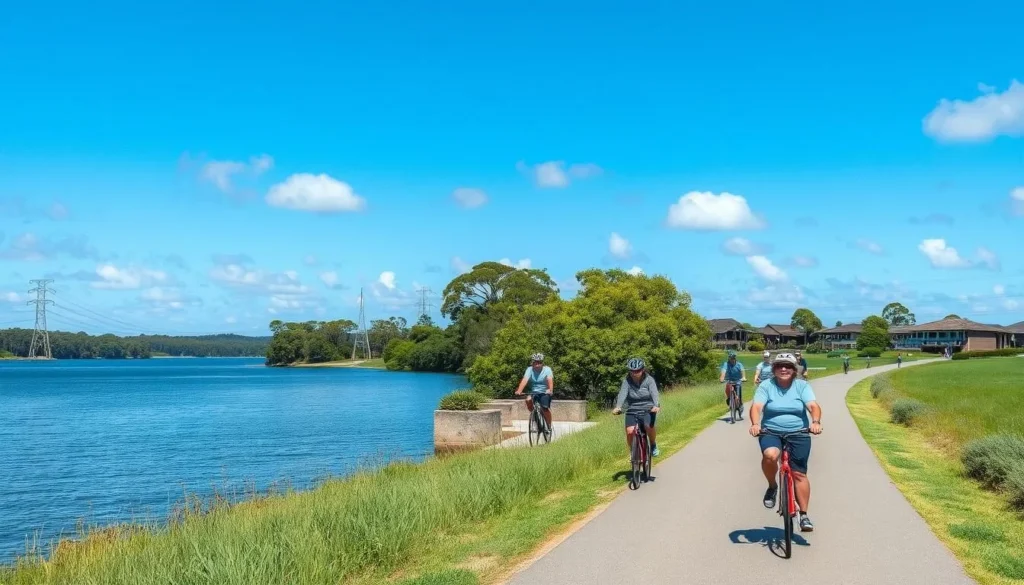 Cyclists enjoying the scenic Tuggerah Lakes cycleway on Central Coast NSW
