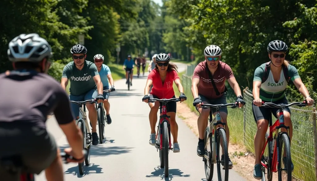 Cyclists following trail etiquette on a Washington DC trail Cyclists following trail etiquette on a Washington DC trail