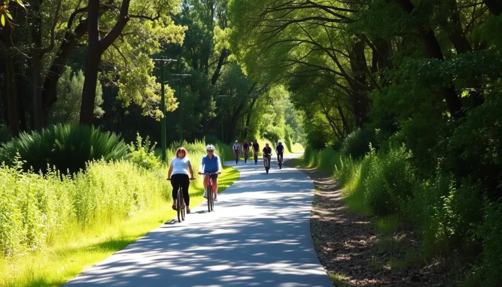Cyclists on the Fernleigh Track passing through lush bushland