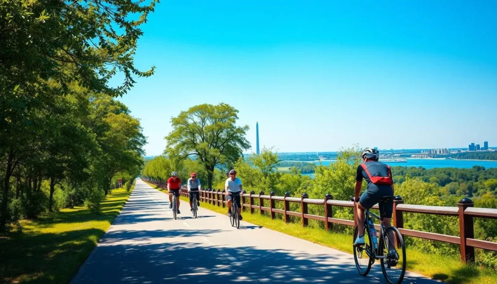 Cyclists on the Mount Vernon Trail with views of the Potomac River and DC skyline Cyclists on the Mount Vernon Trail with views of the Potomac River and DC skyline