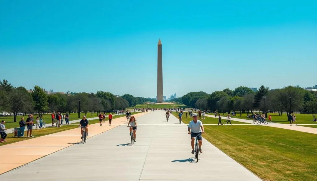 Cyclists riding along the National Mall with the Washington Monument in view Cyclists riding along the National Mall with the Washington Monument in view