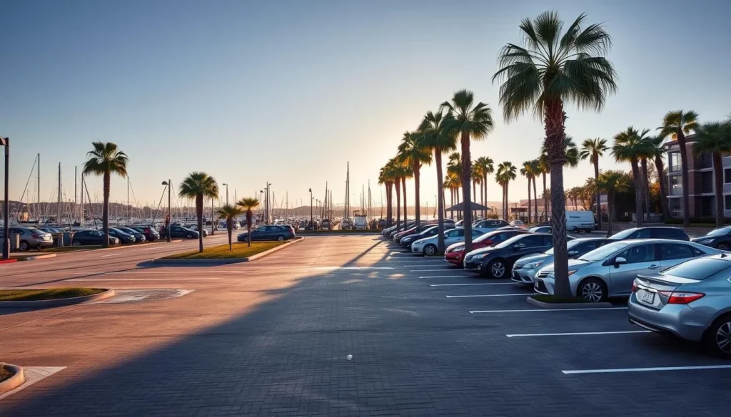 Dana Point Harbor Parking, a scenic coastal lot nestled amidst palm trees and sailboats. Capture the sun-dappled pavement, neatly arranged spaces, and the distant harbor views. Render the scene with a warm, golden hour glow, as beachgoers stroll past. Utilize a wide-angle lens to showcase the orderly layout and the surrounding natural beauty. Convey a sense of tranquility and ease, inviting visitors to discover the delights of this picturesque harbor destination.