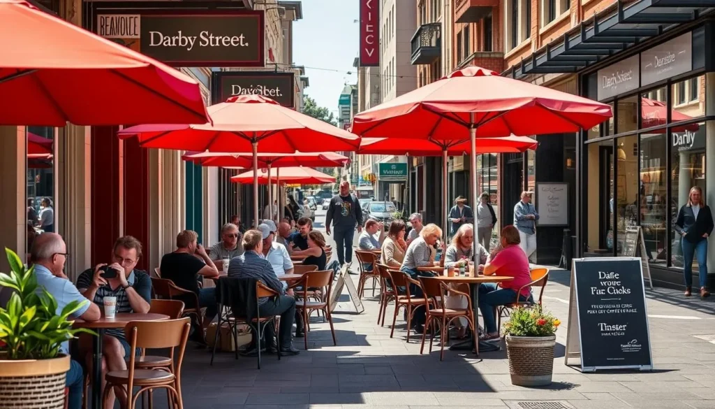 Darby Street cafe scene with outdoor seating and people enjoying coffee