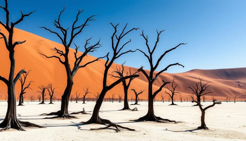 Dead acacia trees in Deadvlei white clay pan with orange sand dunes in background - best things to do in Namibia