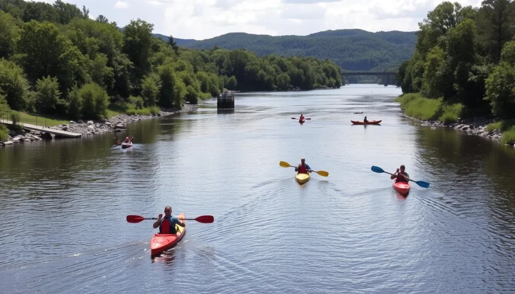 Delaware River scenery with kayakers and canoeists