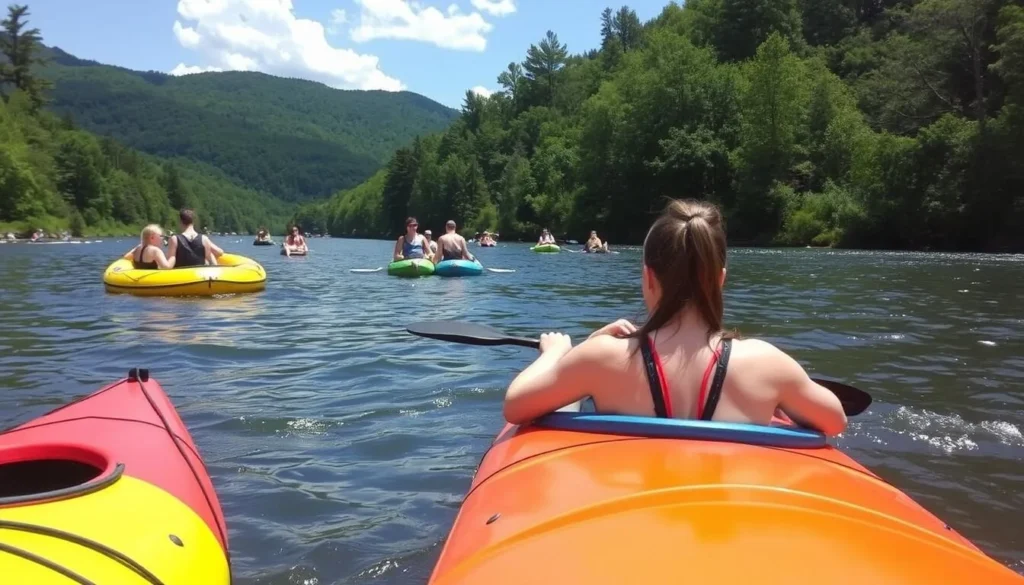 Delaware River tubing in the Catskills with kayaks and rafts in the background