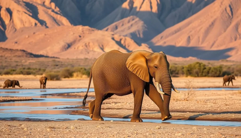 Desert-adapted elephant walking through dry riverbed in Damaraland with mountains in background - best things to do in Namibia