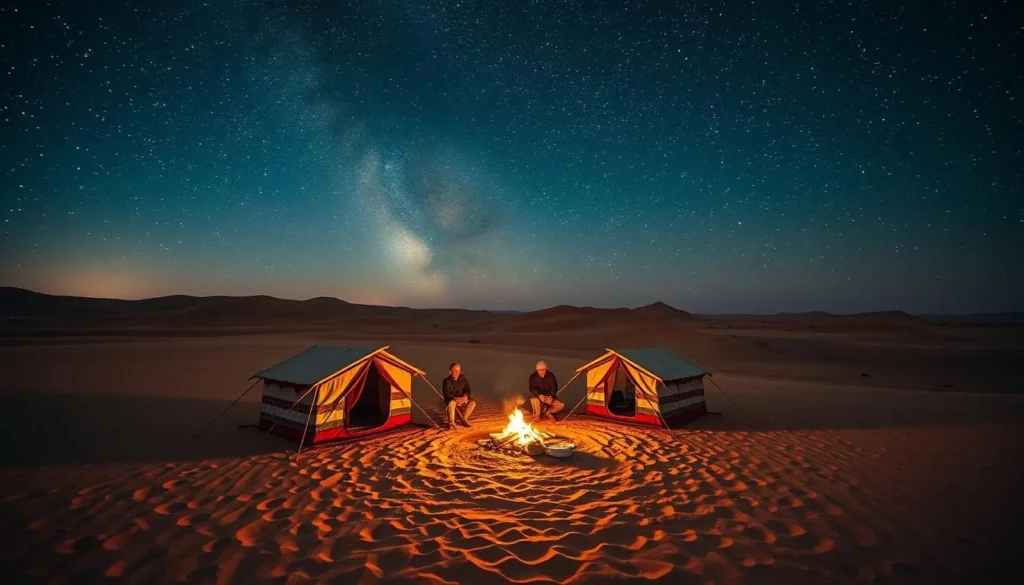 Desert camping in Syria with traditional tents under starry sky Desert camping in Syria with traditional tents under starry sky