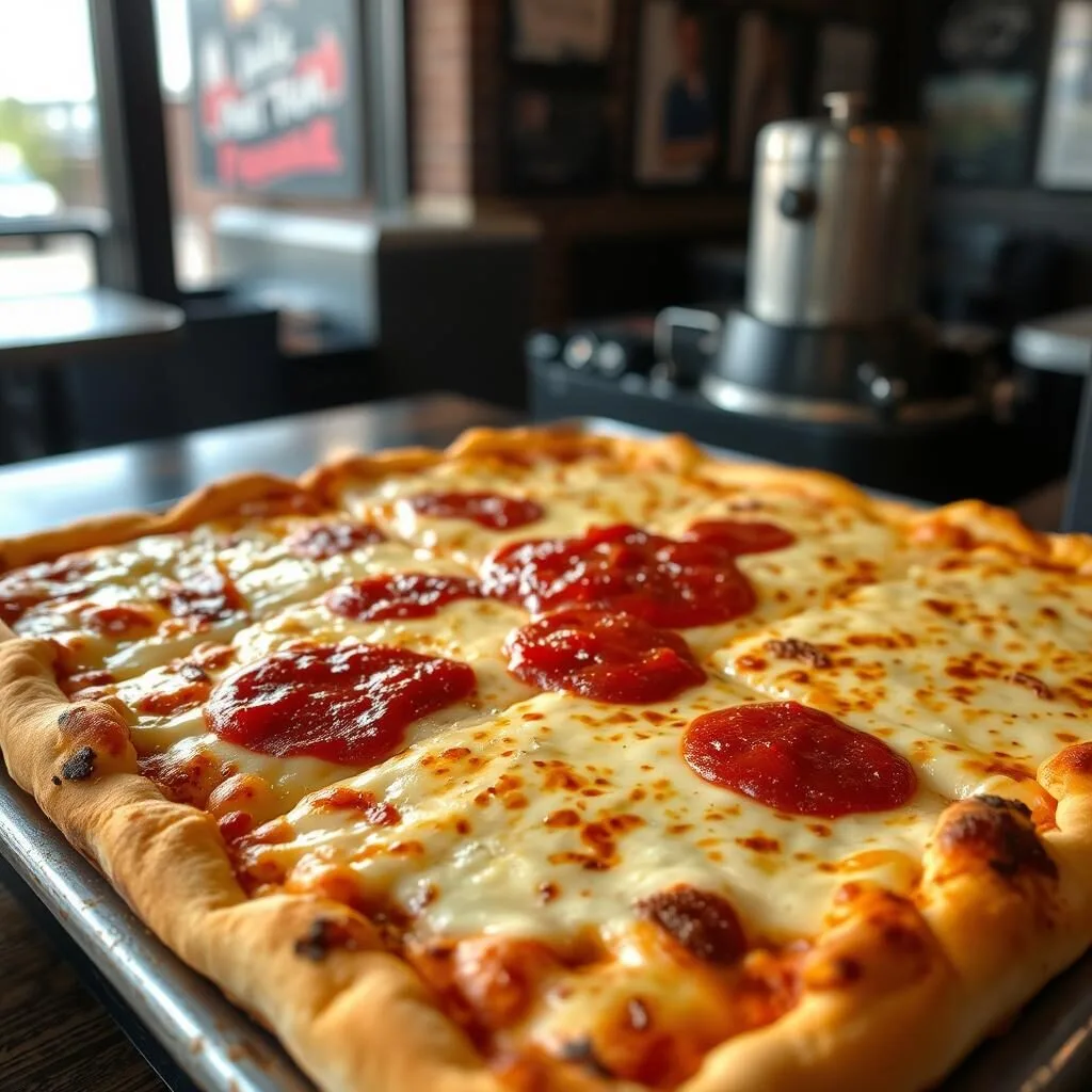 Detroit-style square pizza with crispy cheese edges from a Washington DC acclaimed pizza restaurant Detroit-style square pizza with crispy cheese edges from a Washington DC acclaimed pizza restaurant