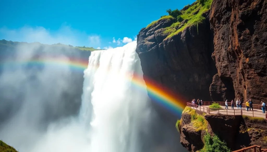 Devil's Throat at Iguaçu Falls with massive water spray and rainbow
