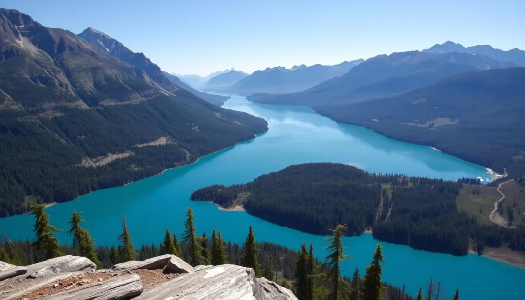 Diablo Lake viewpoint in North Cascades National Park showing turquoise waters and mountain peaks on a clear day