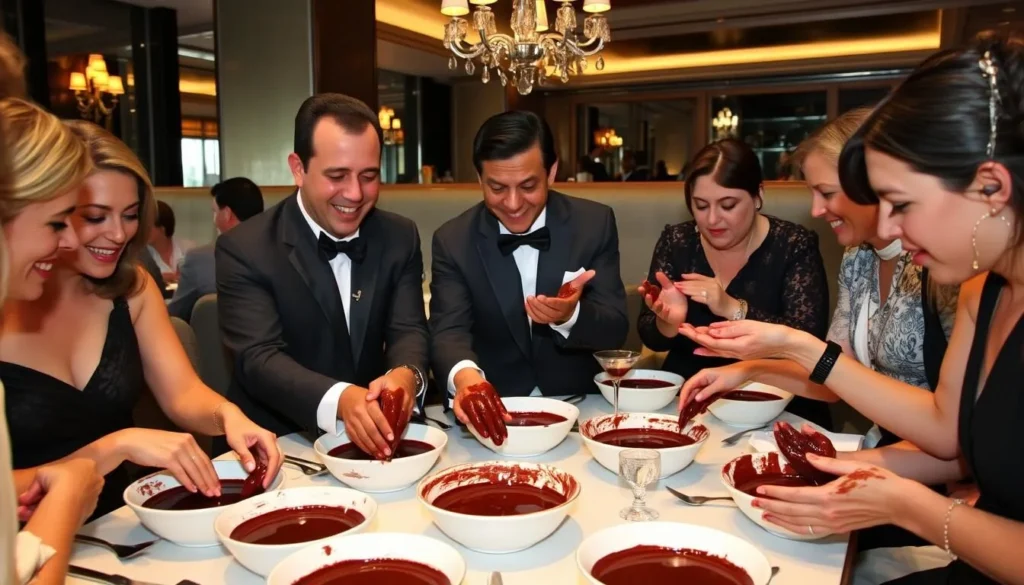 Diners at El Cielo experiencing the famous chocolate hand-washing ritual before their meal