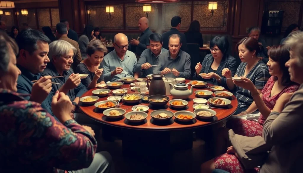 Diners enjoying a family-style Chinese meal with multiple dishes shared at a round table