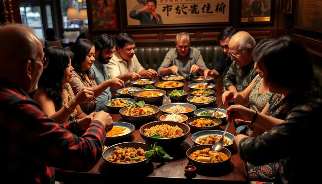 Diners enjoying a shared Thai meal with multiple dishes at a restaurant in Washington DC