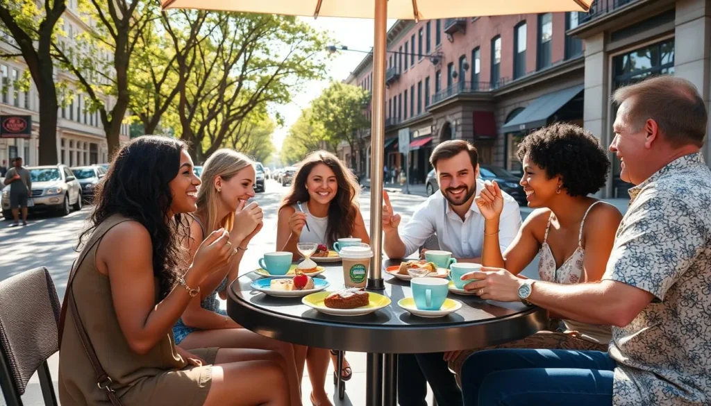 Diners enjoying desserts at an outdoor cafe in Washington DC on a sunny day