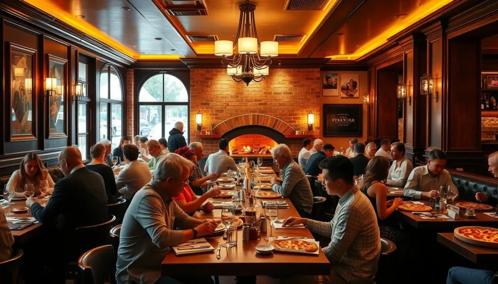 Diners enjoying pizza in a busy Washington DC acclaimed pizza restaurant with wood-fired oven visible Diners enjoying pizza in a busy Washington DC acclaimed pizza restaurant with wood-fired oven visible