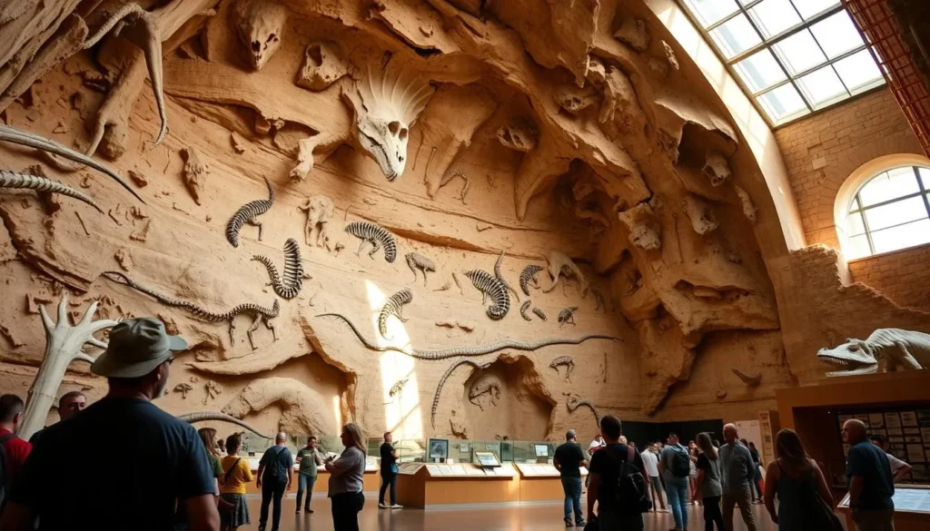 Dinosaur Quarry Exhibit Hall at Dinosaur National Monument showing wall of fossils Dinosaur Quarry Exhibit Hall at Dinosaur National Monument showing wall of fossils