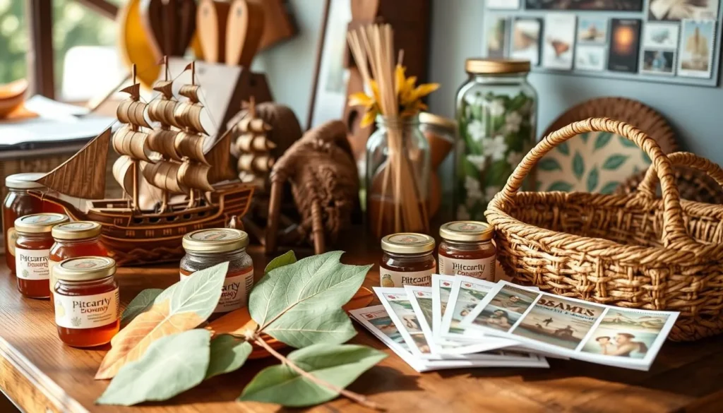 Display of handcrafted Pitcairn souvenirs including wood carvings and honey products
