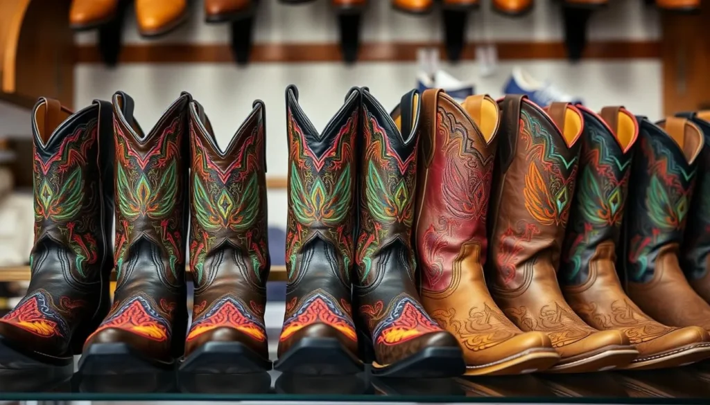 Display of handcrafted cowboy boots at Paul Bond Boot Company in Nogales Arizona