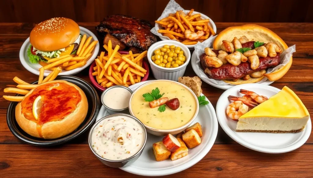 Diverse American cuisine including burgers, barbecue, and seafood, representing the best things to do in the United States Diverse American cuisine including burgers, barbecue, and seafood, representing the best things to do in the United States
