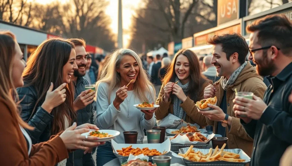 Diverse group of friends enjoying various street foods at a Washington DC food market with monuments visible in the background