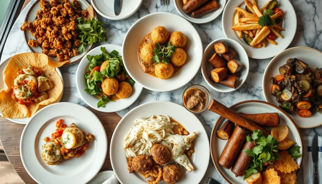 Diverse spread of Washington DC local cuisine dishes showing multiple cultural influences Diverse spread of Washington DC local cuisine dishes showing multiple cultural influences