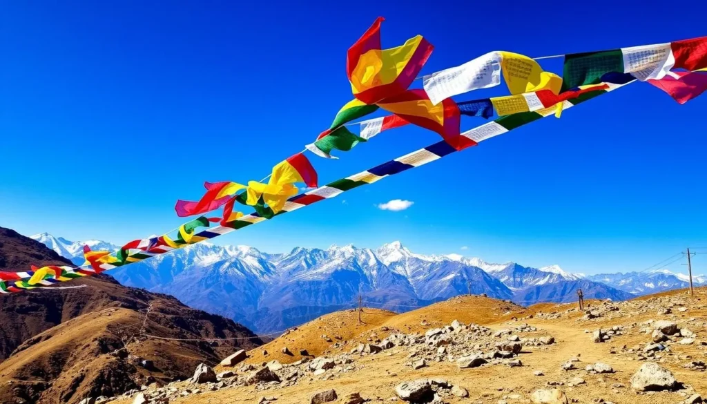Dochula Pass image with prayer flags and Himalayan range