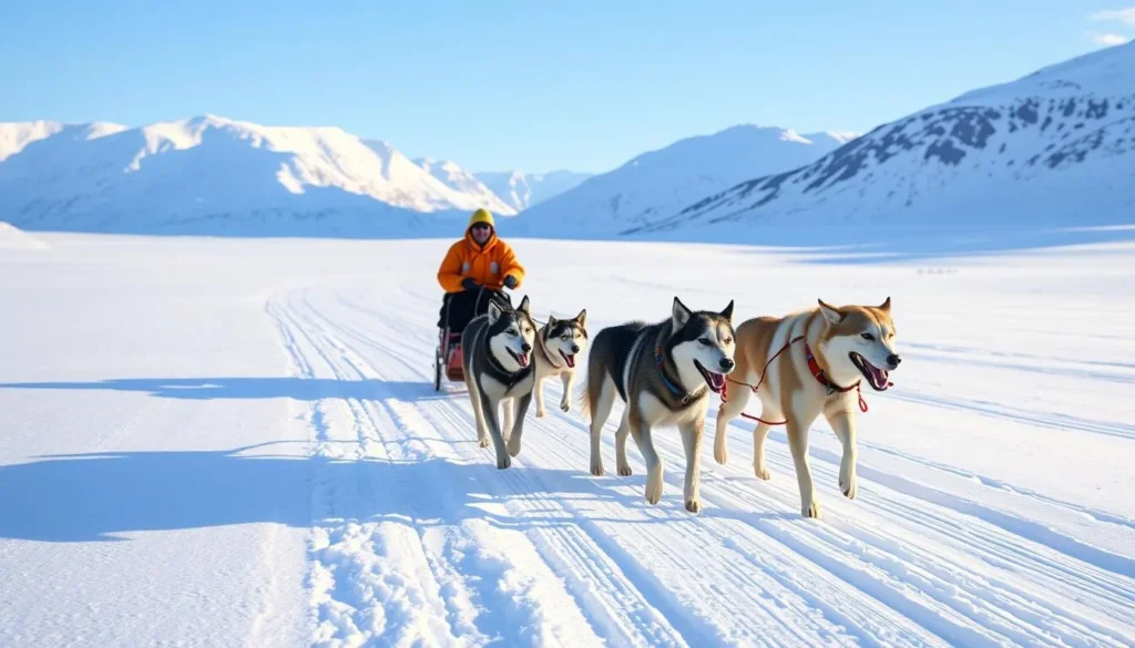 Dog sledding through snowy landscape in Svalbard, popular Svalbard and Jan Mayen things to do Dog sledding through snowy landscape in Svalbard, popular Svalbard and Jan Mayen things to do